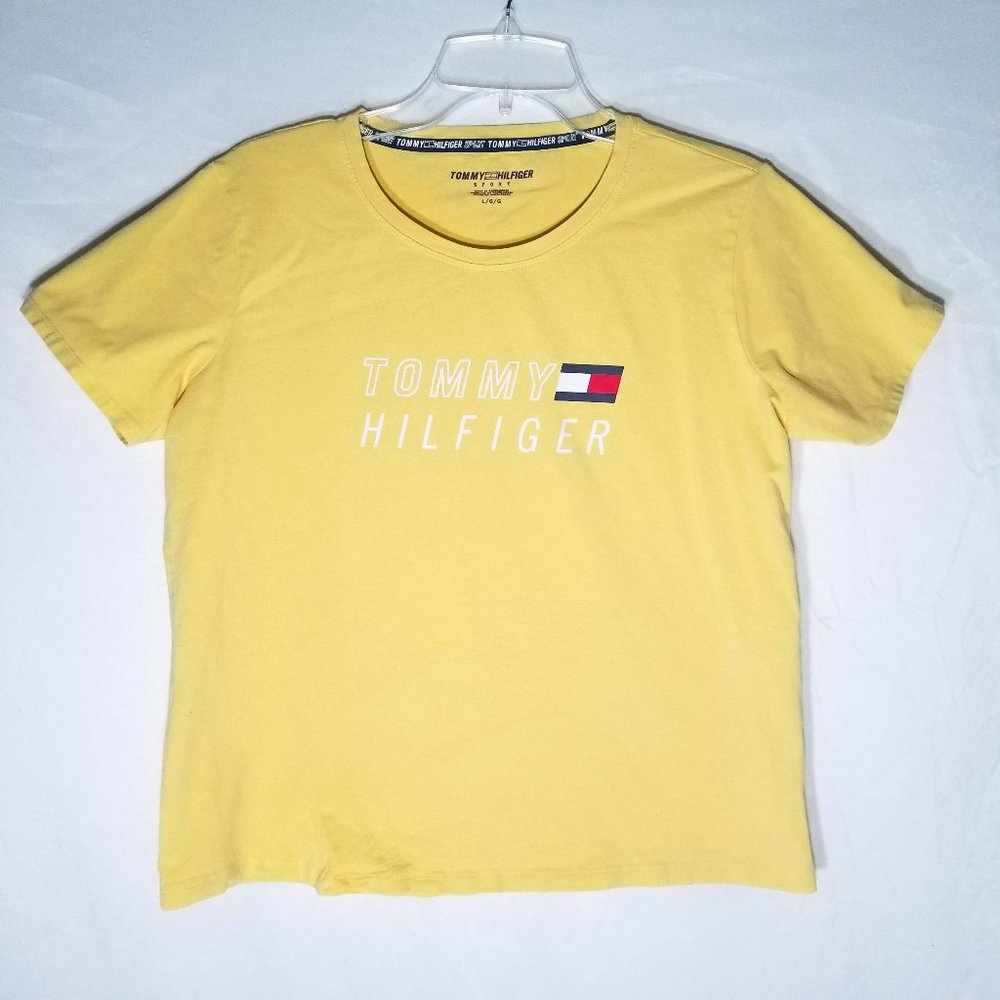 Tommy Hilfiger Sport Womens L Yellow Gold Crew Neck Short Sleeve Logo T-Shirt